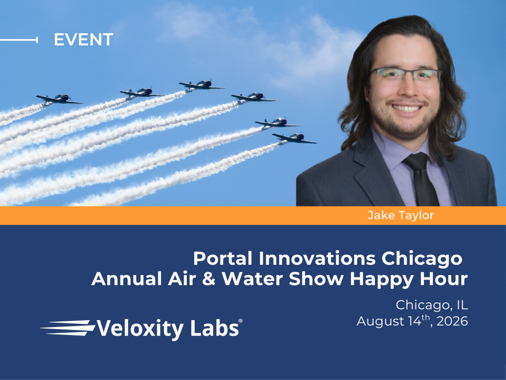 Featured graphic promoting Veloxity Labs' Portal Innovations Chicago Annual Air & Water Show Happy Hour on August 14, 2026, featuring speaker Jake Taylor and military aircraft flying overhead.