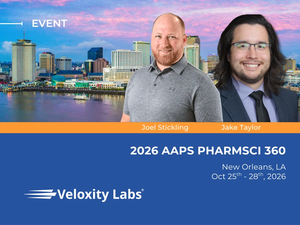 Event graphic for Veloxity Labs featuring Joel Stickling and Jake Taylor with a New Orleans skyline. Promotes AAPS 2026 PHARMSci 360 in New Orleans, October 25–28, 2026.