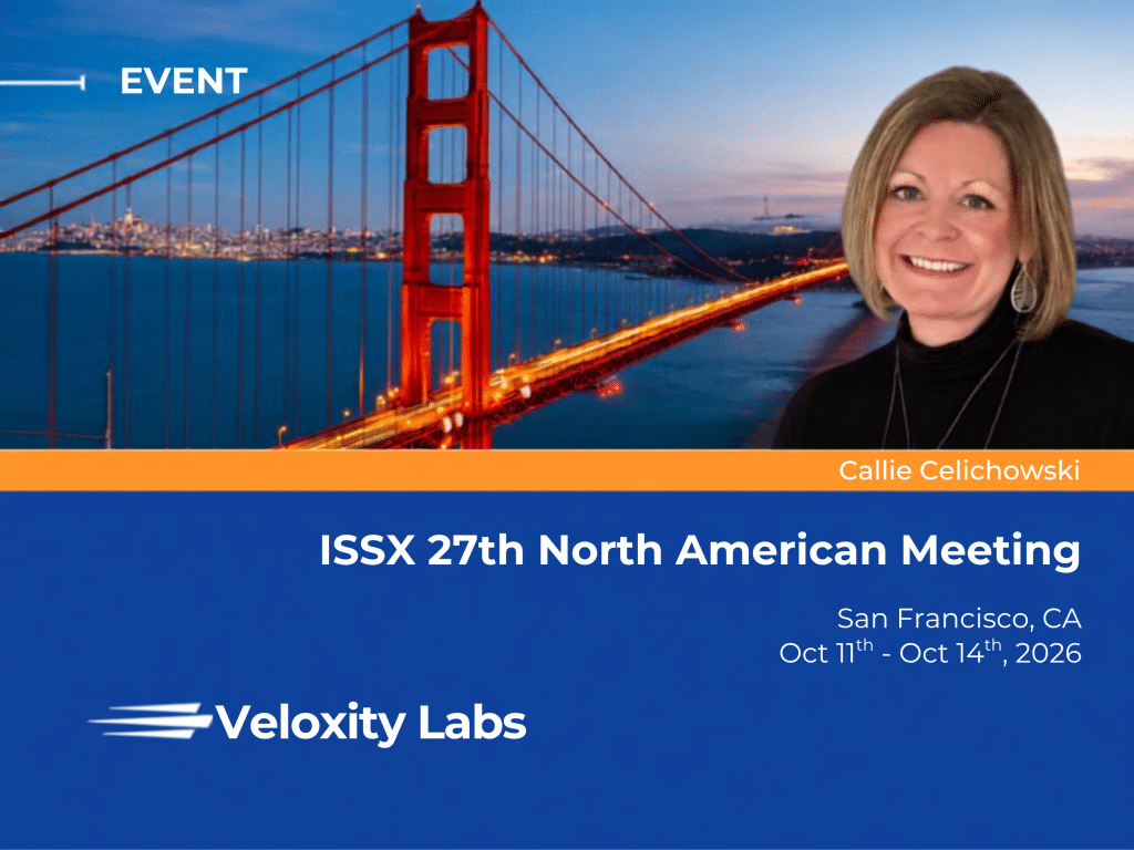 Event graphic for Veloxity Labs featuring Callie Celichowski with the Golden Gate Bridge in the background. Promotes the ISSX 27th North American Meeting in San Francisco, October 11–14, 2026.