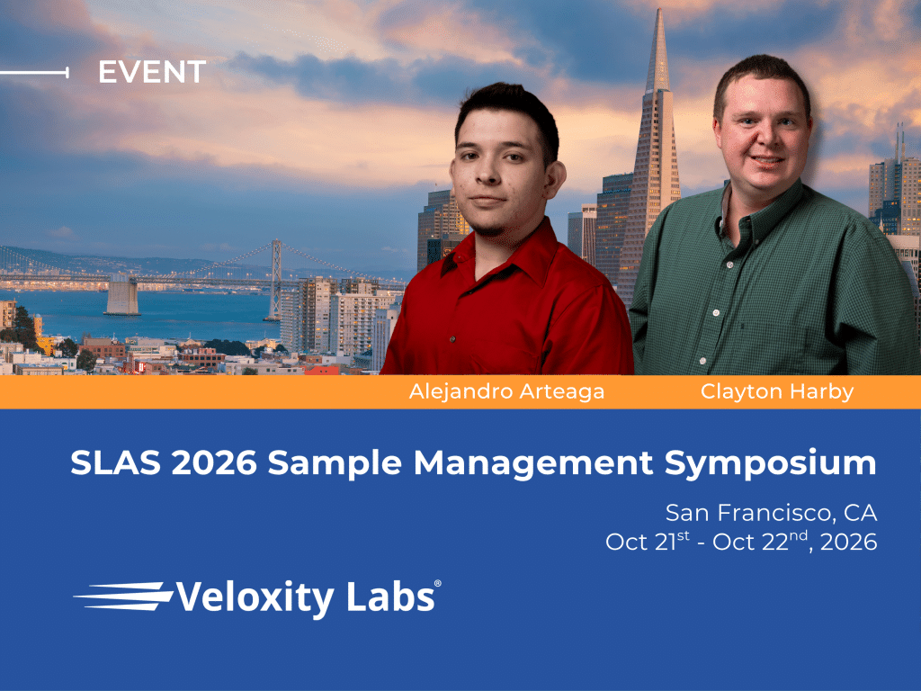 Event graphic for Veloxity Labs featuring Alejandro Arteaga and Clayton Harby with a San Francisco skyline. Promotes the SLAS 2026 Sample Management Symposium in San Francisco, October 21–22, 2026.