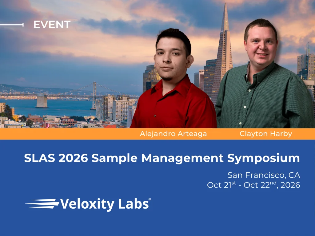 Event graphic for Veloxity Labs featuring Alejandro Arteaga and Clayton Harby with a San Francisco skyline. Promotes the SLAS 2026 Sample Management Symposium in San Francisco, October 21–22, 2026.